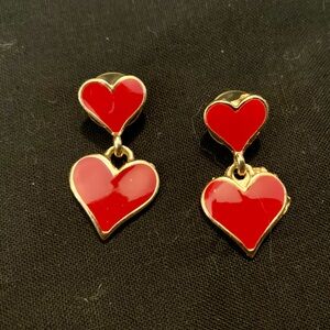 Bright Red and Gold Enamel Double Heart Drop Earrings